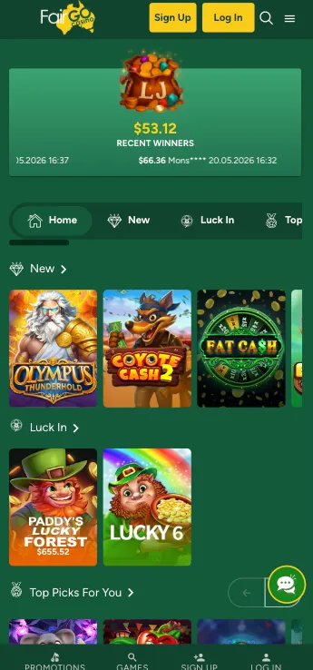 Fair Go Casino main menu